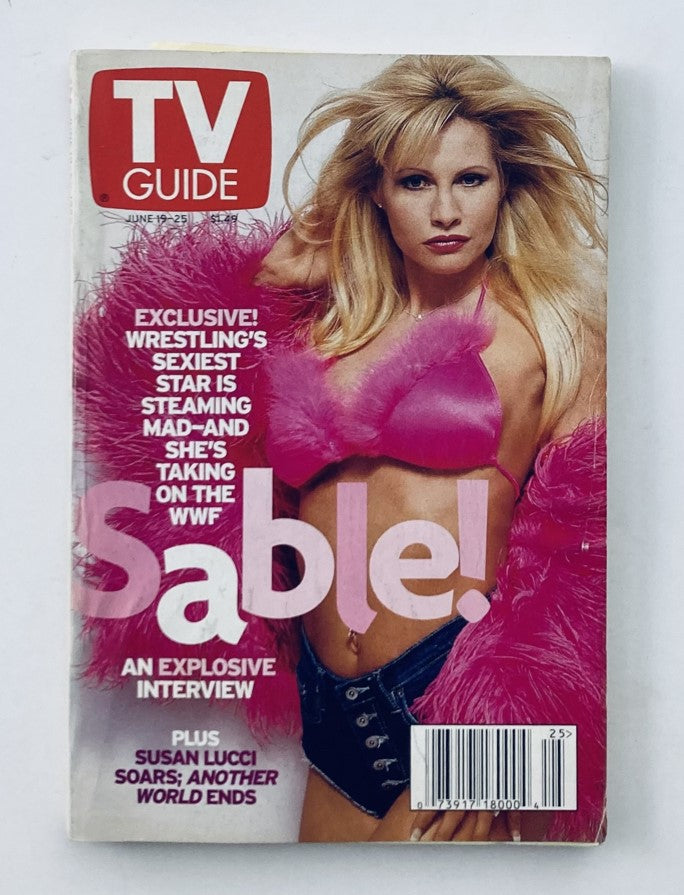 Cover of TV Guide Magazine June 19, 1999 featuring WWF Superstar Sable in a pink outfit and feather boa, highlighting an explosive interview and showcasing wrestling culture from the late 1990s.