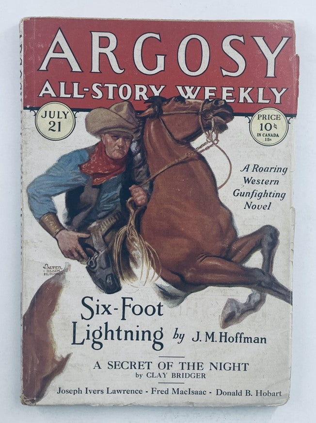 Cover of VTG Argosy Magazine July 21 1928, Volume 196, Number 4 featuring the story 'Six Foot Lightning' by J.M. Hoffman with a Western theme illustration.