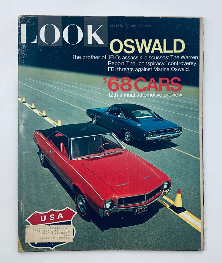 Cover of VTG Look Magazine October 17 1967, Volume 31, Number 21 featuring a story on FBI threats against Marina Oswald, with a vibrant image of classic cars.