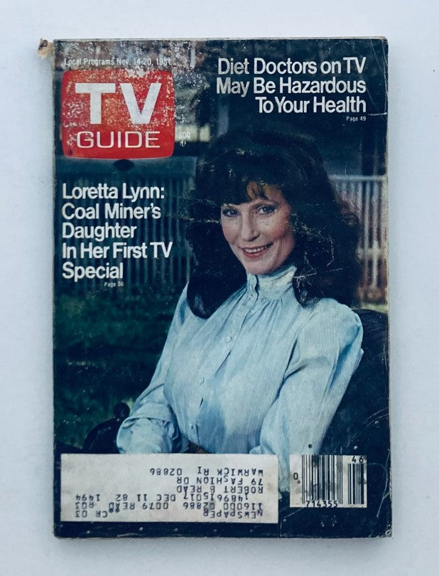 TV Guide Magazine cover from November 14, 1981 featuring Loretta Lynn, known as 'Coal Miner's Daughter,' promoting her first TV special. The magazine displays some wear and tear, highlighting its vintage appeal.