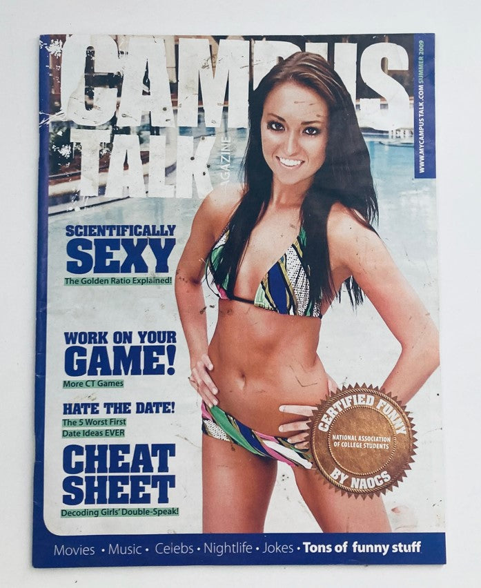 Campus Talk Humor Magazine Summer 2009 cover featuring a model in a bikini, highlighting humor and campus culture, with a focus on the Golden Ratio Explained.