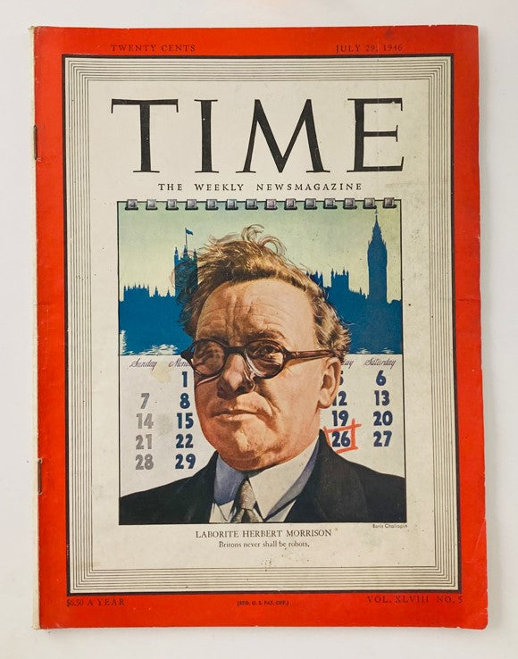 Vintage Time Magazine July 29, 1946 featuring Laborite Herbert Morrison on the cover, highlighting his political influence and post-war labor issues.
