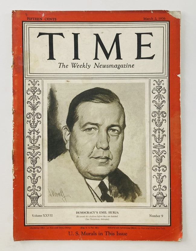 VTG Time Magazine March 2 1936, Volume 27, Number 9 featuring a cover portrait of Emil Hurja, reflecting the political landscape of the 1930s.