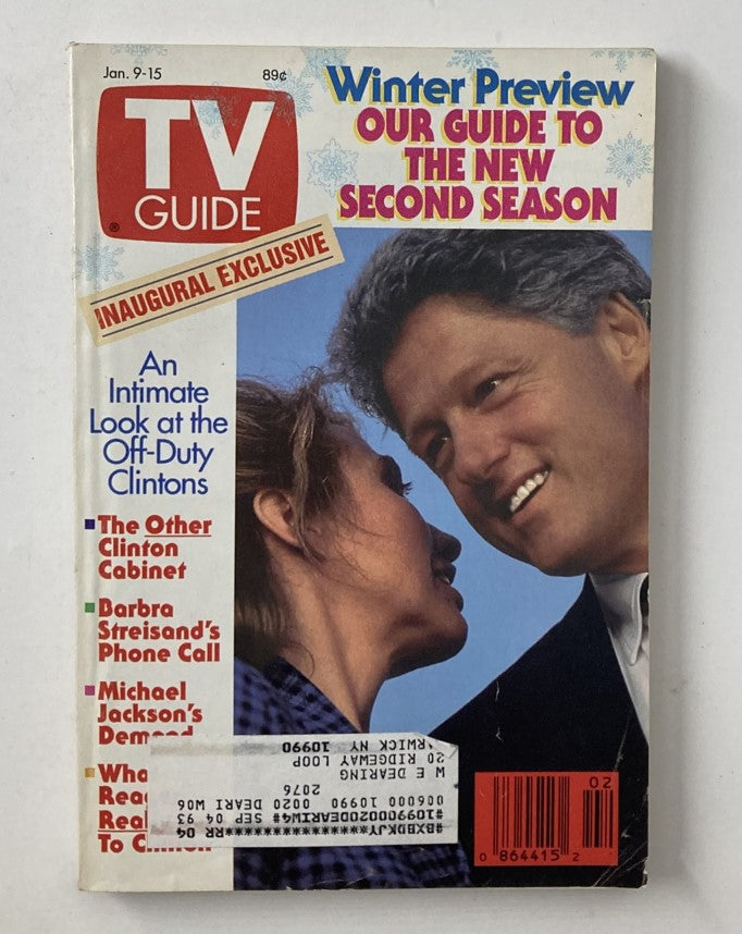 TV Guide Magazine cover from January 9, 1993, featuring Bill and Hillary Clinton, celebrating their prominence during a pivotal era in American politics and culture.