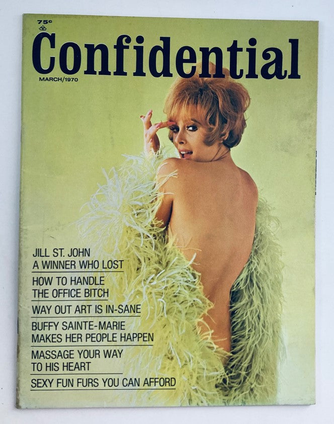 Cover of Confidential Magazine March 1970 Vol 18 No. 3 featuring Jill St. John in a feathered outfit, showcasing classic American pop culture.