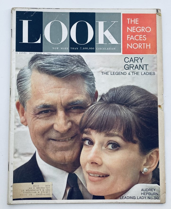 Cover of Look Magazine December 17, 1963, Vol 27 No. 25 featuring Cary Grant and Audrey Hepburn, showcasing their iconic smiles and classic Hollywood styling.