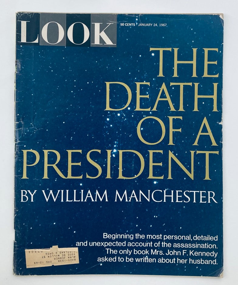 Cover of VTG Look Magazine January 24 1967 Vol 31 No. 2 featuring the title 'The Death of a President' by William Manchester, with a starry background and poignant theme reflecting on JFK's assassination.