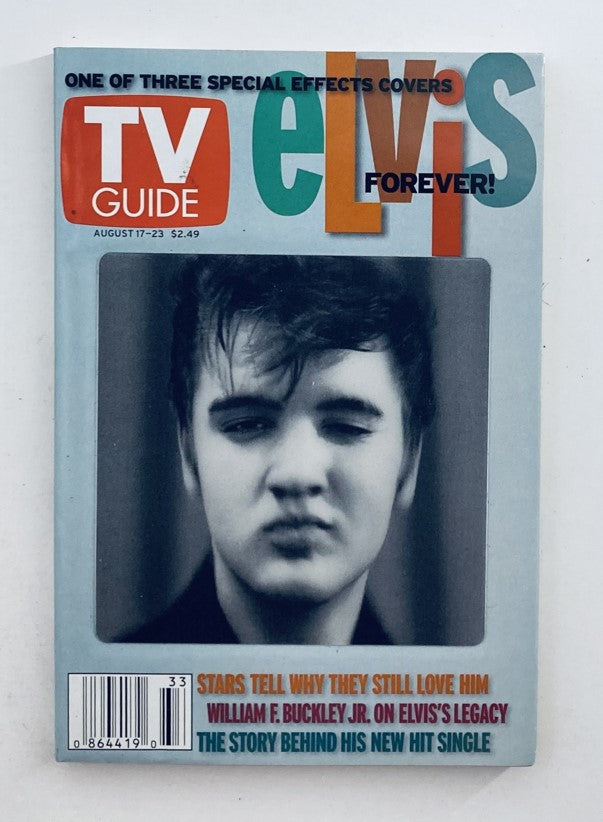 TV Guide Magazine August 17 2002 featuring Elvis Presley on the cover, highlighting the article about his legacy and the stories behind his new hit single. This vintage magazine showcases a special effects cover with a photo of Elvis.