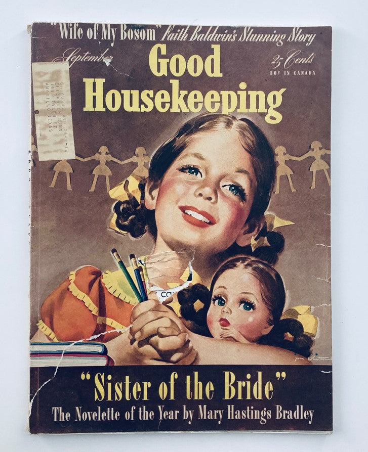 Cover of VTG Good Housekeeping Magazine September 1941 featuring the title 'Sister of the Bride' by Mary Hastings Bradley, showcasing a young girl with a doll, vintage style, nostalgic design elements.