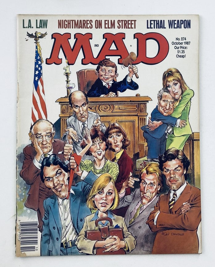 Cover of Mad Magazine October 1987 No. 274 featuring humorous illustrations, including parodies of 'L.A. Law' and 'Lethal Weapon', showcasing satirical characters in a courtroom setting.