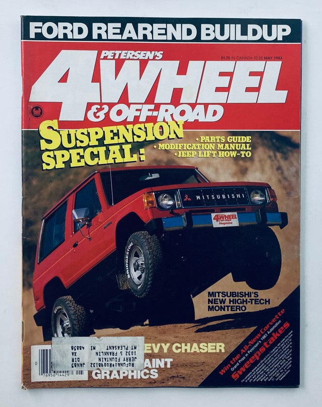 Vintage Petersen's 4 Wheel & Off-Road Magazine May 1983 featuring Mitsubishi's Montero on the cover, showcasing the vehicle's off-road capabilities and iconic design.