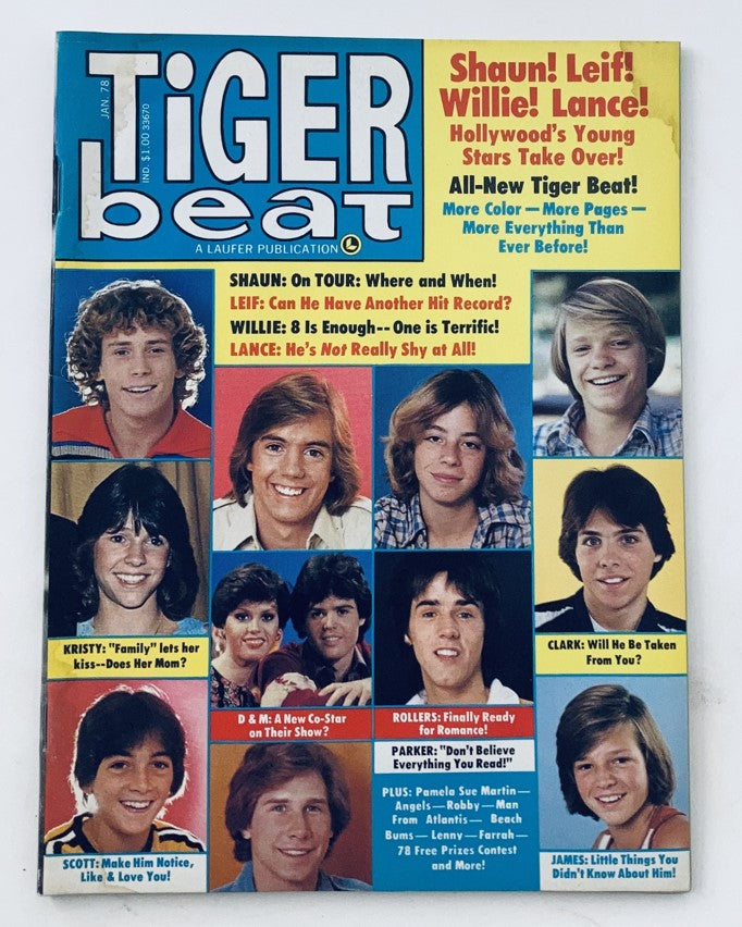 Cover of Tiger Beat Magazine January 1978 featuring pop icons Shaun Cassidy, Scott Baio, and Donny & Marie, showcasing vibrant 1970s teen culture.