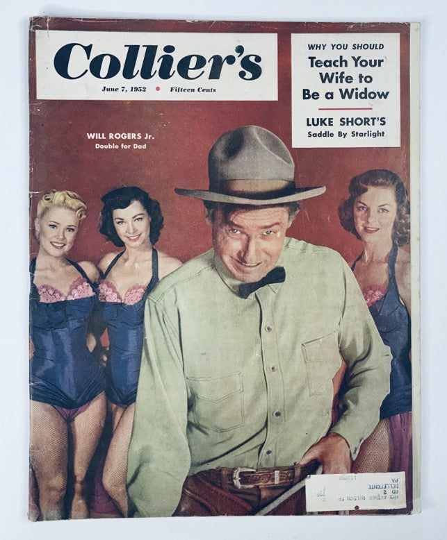 VTG Collier's Magazine June 7 1952 cover featuring Will Rogers Jr. with models, highlighting the article 'Double for Dad.'