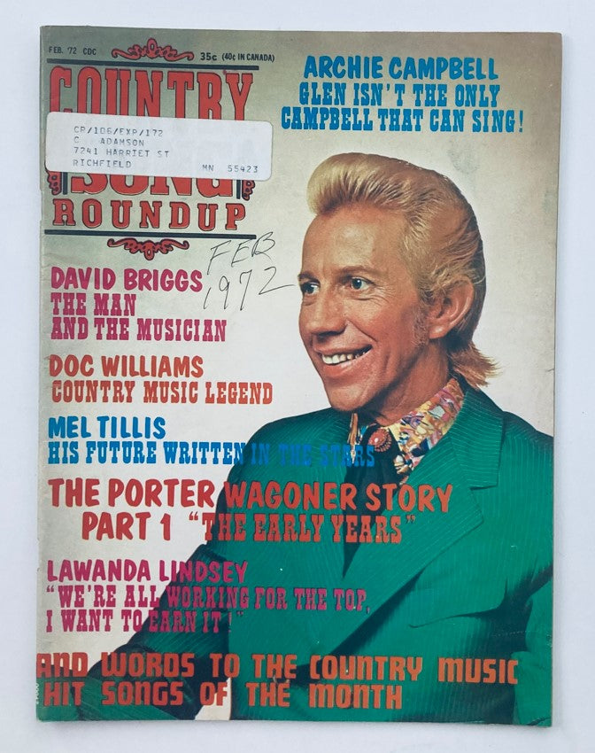 Front cover of the VTG Country Song Roundup Magazine from February 1972 featuring Archie Campbell and David Briggs, highlighting country music history.