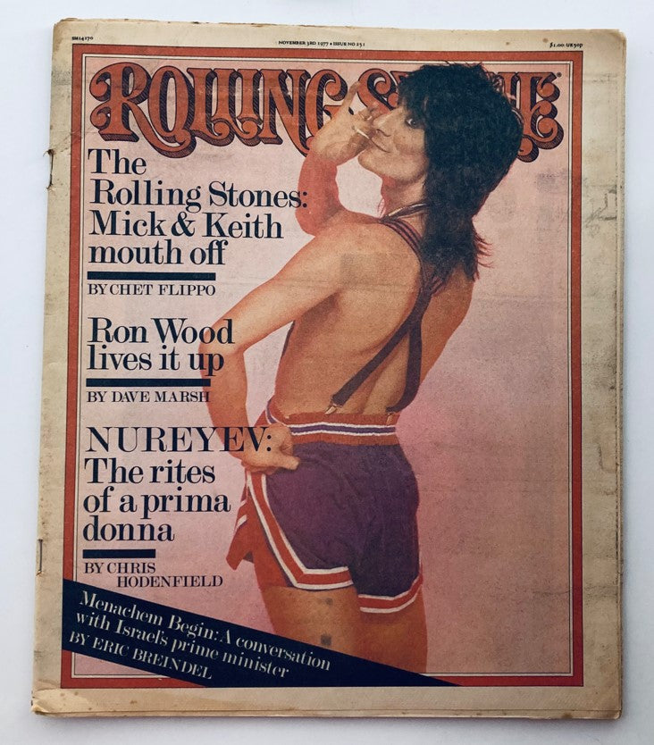 Cover of Rolling Stone Magazine November 3 1977 Issue 251 featuring Ron Wood, showcasing him in a playful pose, with articles highlighted including discussions on The Rolling Stones.