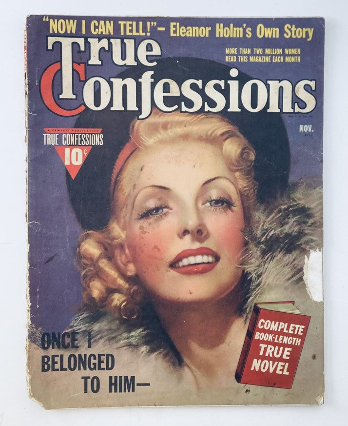 Vintage True Confessions Magazine Cover from November 1939, featuring a glamorous woman with curly hair, highlighting the title and cover story.