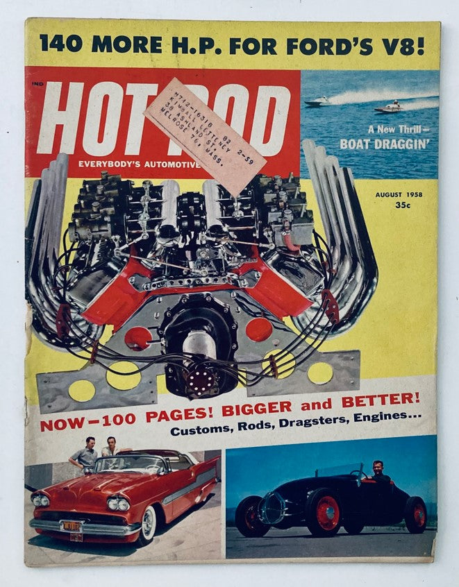 Cover of VTG Hot Rod Magazine August 1958 Vol 11 No. 8 featuring a powerful Ford V8 engine, showcasing the headline '140 More H.P. For Ford's V8'. The cover also highlights features on boats and cars, appealing to automotive enthusiasts.