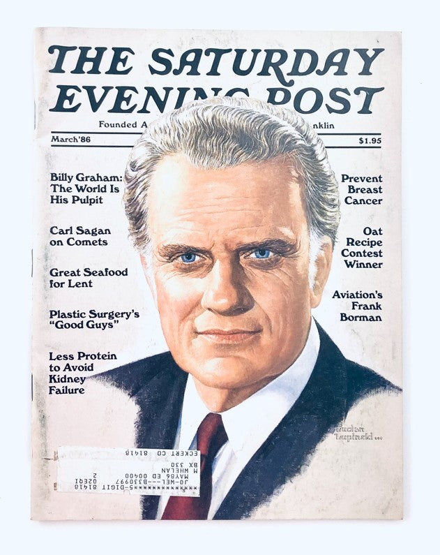Cover of Saturday Evening Post Magazine March 1986 featuring Billy Graham portrait by Lucian Lupinski, showcasing American culture and historical significance.