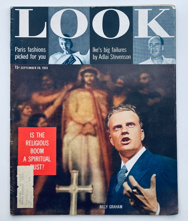 Cover of VTG Look Magazine September 20, 1955 featuring Billy Graham, highlighting the religious boom, with bold text asking about the spiritual impact. The cover includes a striking image of Billy Graham passionately speaking.