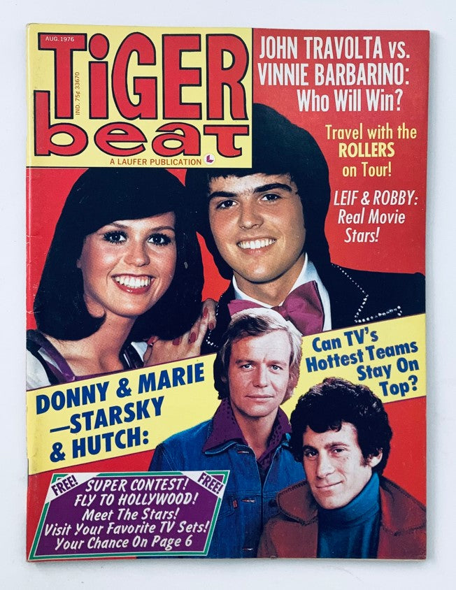 VTG Tiger Beat Magazine August 1976 featuring Donnie & Marie and Starsky & Hutch on the cover, showcasing pop culture icons from the 1970s with colorful graphics and text highlights.