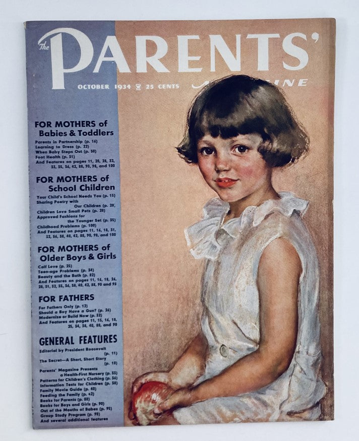 Cover of VTG The Parents' Magazine October 1934 featuring a young girl portrait, highlighting themes of parenting and small pets.