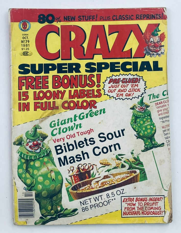 Cover of Crazy Magazine Super Special October 1981 No. 79 featuring colorful illustrations and a Giant Green Clown, advertising a free bonus of 15 loony labels in full color.
