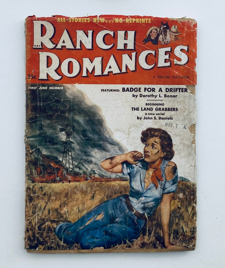 Vintage Ranch Romances Magazine Cover from June 4, 1954, featuring 'The Land Grabbers' and a woman in a field, showcasing mid-century romance storytelling.