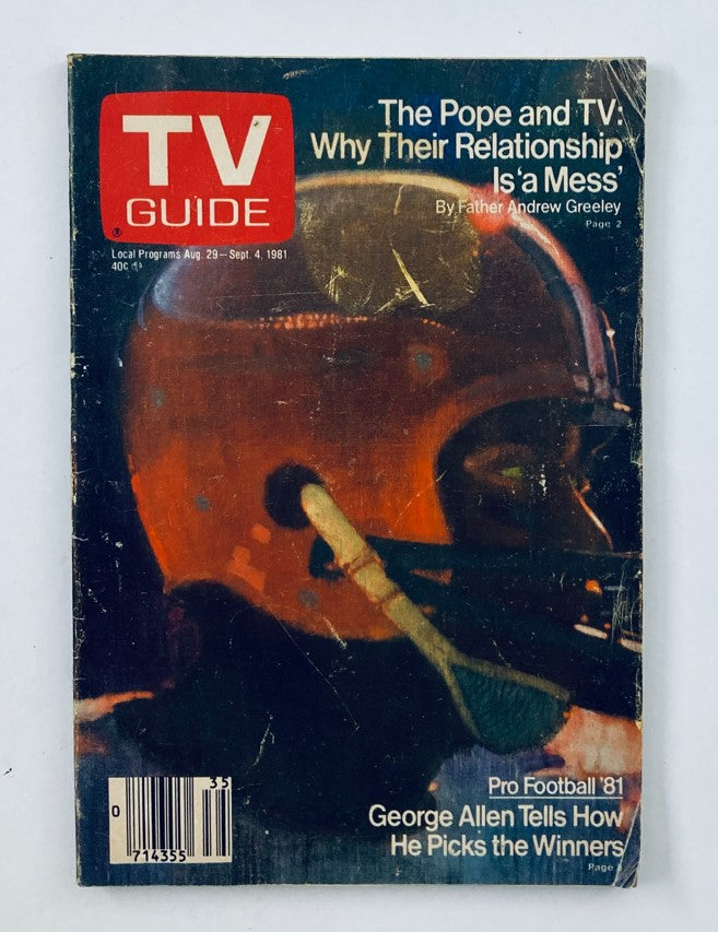 Cover of TV Guide Magazine August 29 1981 #1483 featuring an article about George Allen and a piece on The Pope and TV. The cover includes visuals related to football and television, capturing a nostalgic moment in media history.