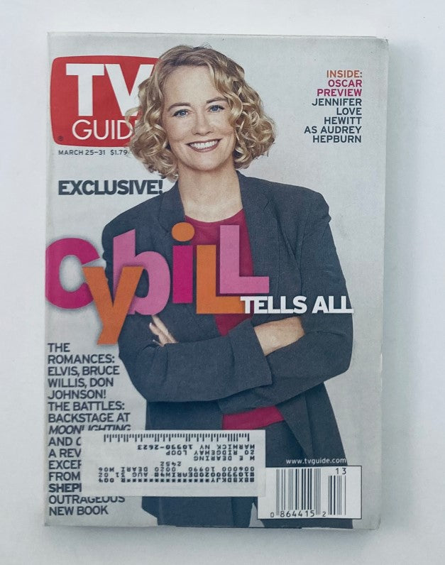 Cover of TV Guide Magazine dated March 25, 2000, featuring Cybill Shepherd with the headline 'Cybill Tells All', showcasing her stylish look and providing insights into her life and career.