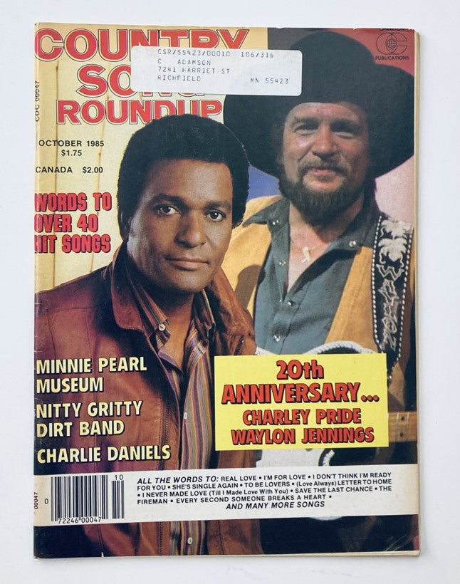 Cover of VTG Country Song Roundup Magazine October 1985 featuring Charley Pride and Waylon Jennings, highlighting 20th anniversary celebration, with articles on country music hits.