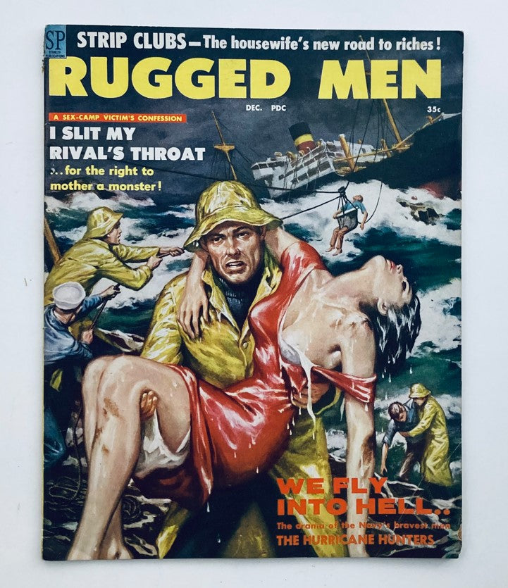 VTG Rugged Men Magazine December 1958 cover featuring dramatic artwork with a man rescuing a woman amidst a stormy sea, showcasing adventure and vintage design.
