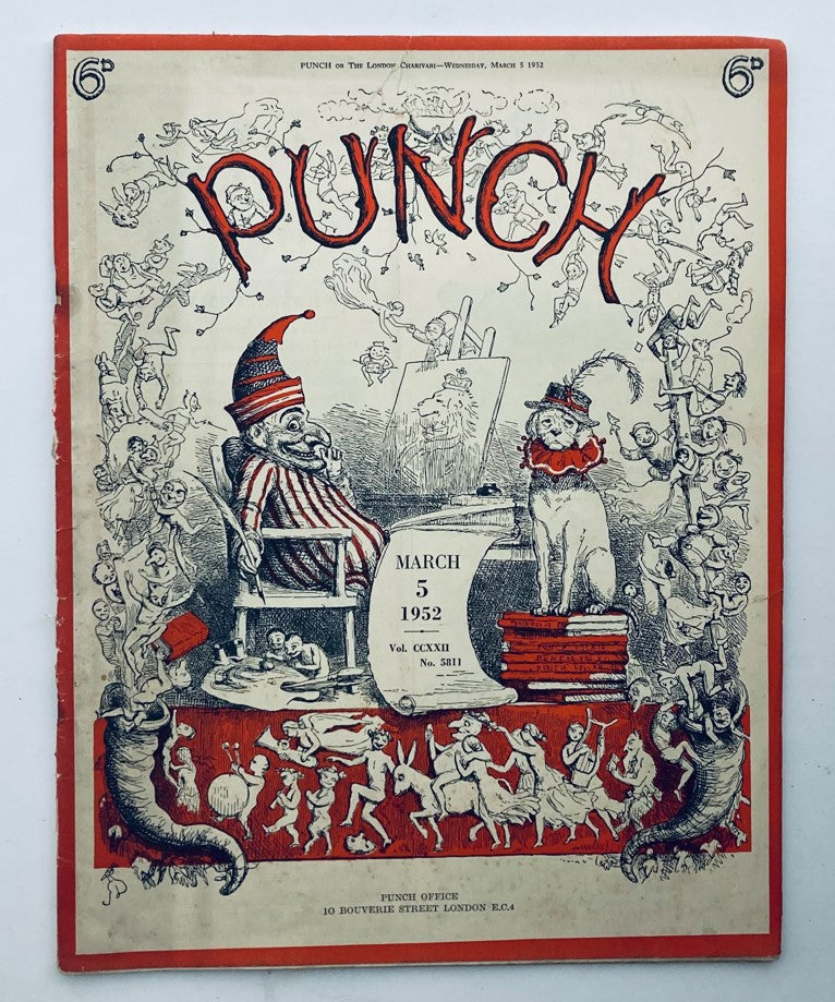 Cover of Punch Magazine from March 5, 1952, Volume 222, No. 5811 featuring whimsical illustrations and humorous cartoons reflective of the WWII era.