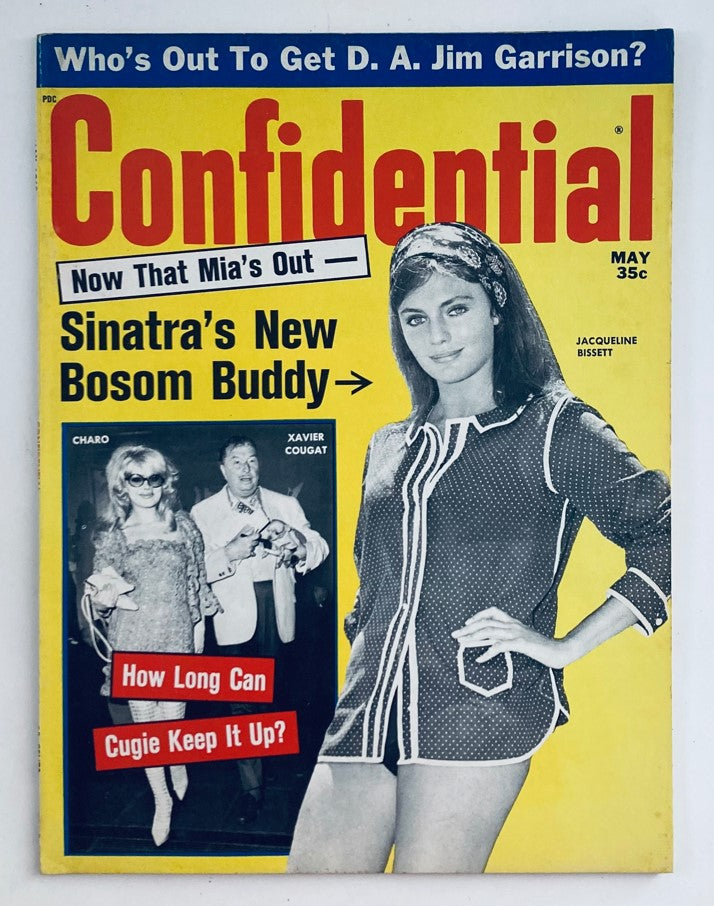 Cover of VTG Confidential Magazine May 1968 Vol 16 No. 5 featuring Jacqueline Bissett with a striking yellow background and bold text.
