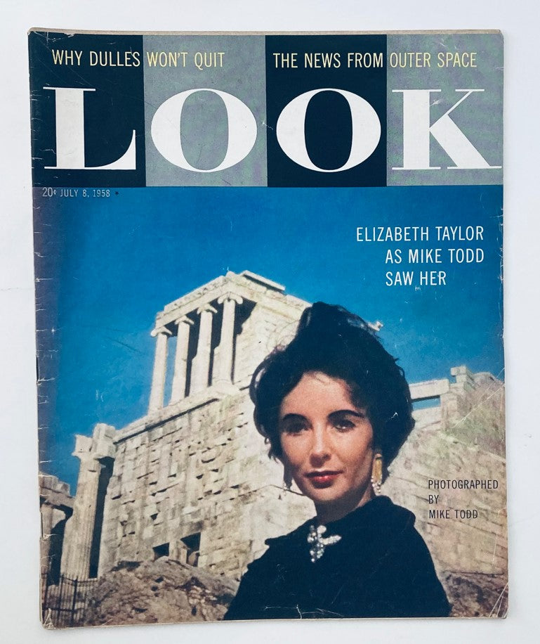 Vintage Look Magazine July 8 1958 featuring Elizabeth Taylor on the cover, photographed by Mike Todd, showcasing a classic mid-century aesthetic with historical architectural backdrop.