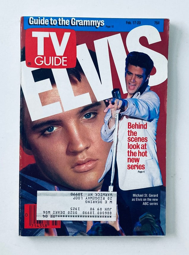 TV Guide Magazine cover from February 17, 1990 featuring Michael St. Gerard as Elvis Presley. The bold title 'TV ELVIS' highlights the focus on Elvis, while the magazine includes a tagline about behind-the-scenes insights into a new series.