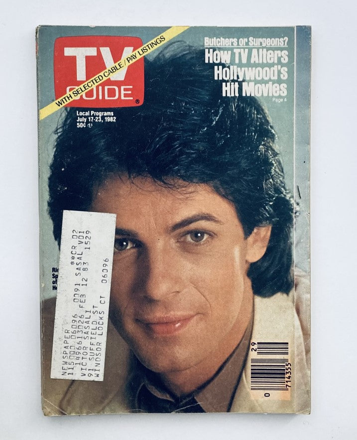TV Guide Magazine cover featuring Rick Springfield, dated July 17, 1982. The magazine discusses how television impacts Hollywood movies, showcasing vintage television culture.