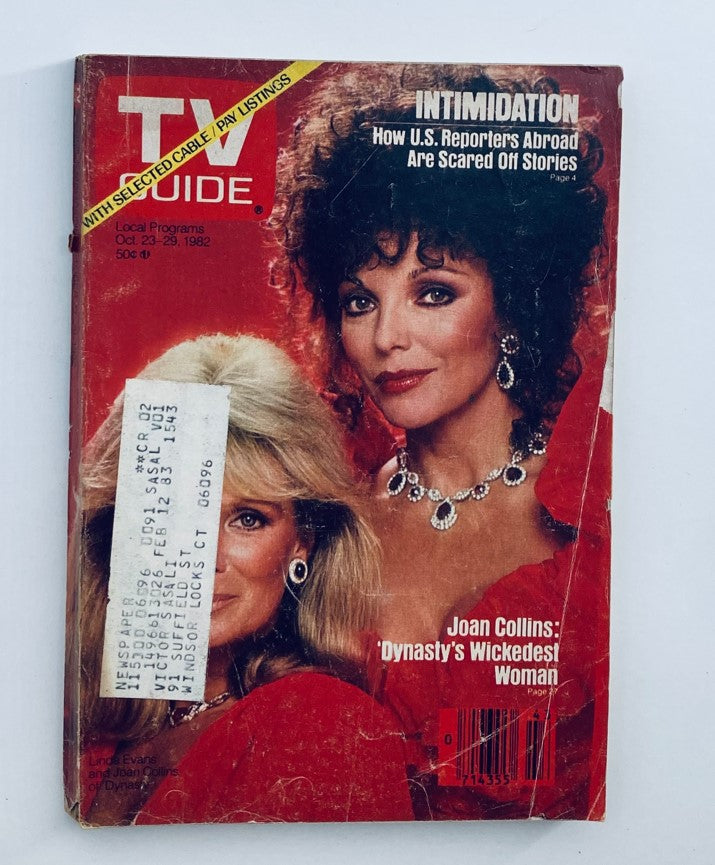 TV Guide Magazine from October 23, 1982 featuring Joan Collins on the cover. The magazine includes details like 'Dynasty's Wickedest Woman' and has visible creases, suggesting its vintage state.
