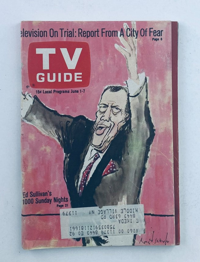 TV Guide Magazine from June 1, 1968, issue #792 featuring Ed Sullivan's 1000 Sunday Nights on the cover, showcasing a caricature of Ed Sullivan with an energetic pose.