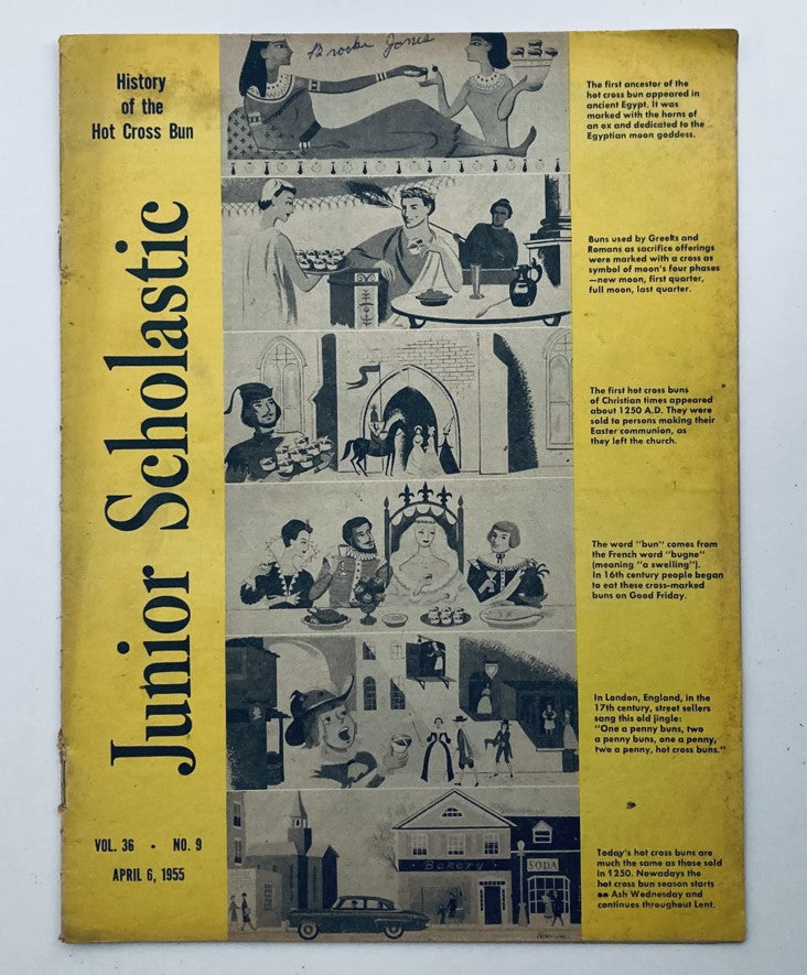 Cover of VTG Junior Scholastic Magazine dated April 6, 1955, featuring a historical theme article on the origins and cultural significance of hot cross buns.