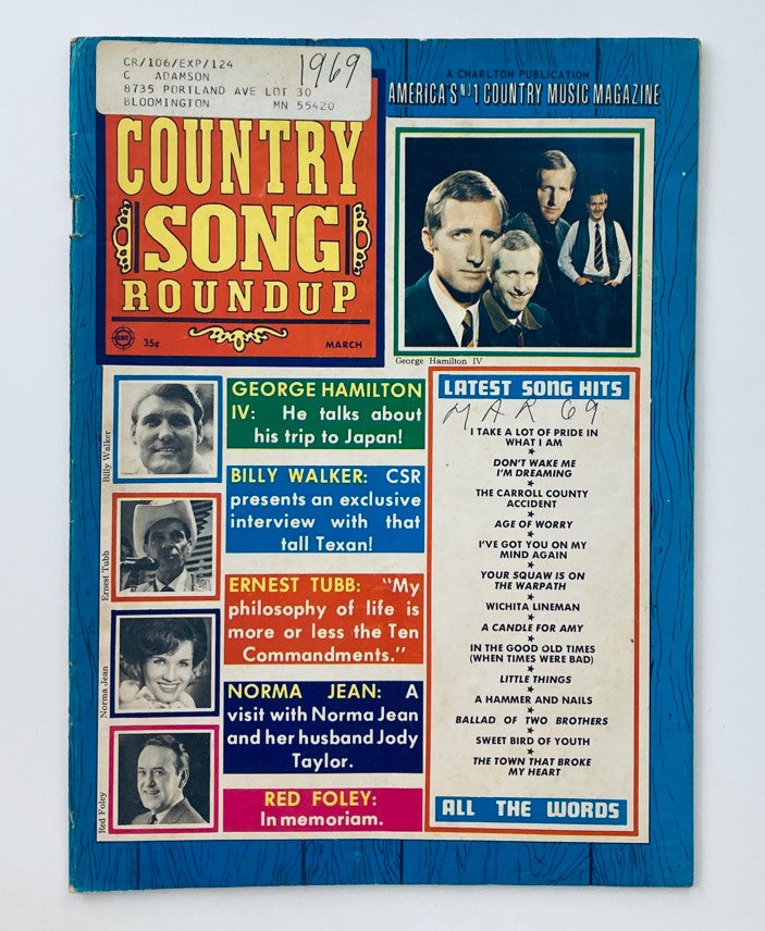 Cover of the VTG Country Song Roundup Magazine, March 1969, featuring George Hamilton IV and Billy Walker, highlighting country music culture with vibrant colors and cover details.