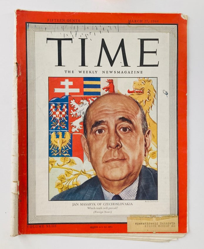 Cover of the vintage Time Magazine from March 27, 1944 featuring diplomat Jan Masaryk of Czechoslovakia during WWII, showcasing a prominent portrait and historical context.