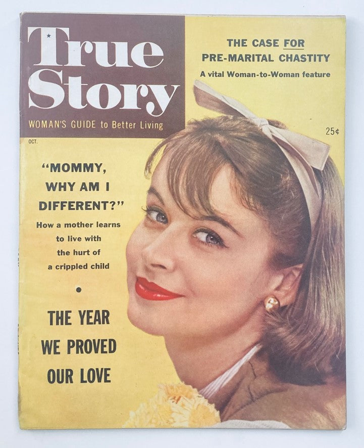 Cover of VTG True Story Magazine from October 1950 showcasing themes of pre-marital chastity, featuring a smiling young woman with a bow in her hair.