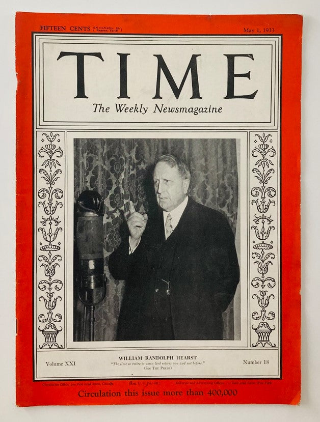 VTG Time Magazine May 1 1933 Vol 21 No. 18 featuring William Randolph Hearst on the cover, showcasing the influential media mogul in a classic black and white photograph.