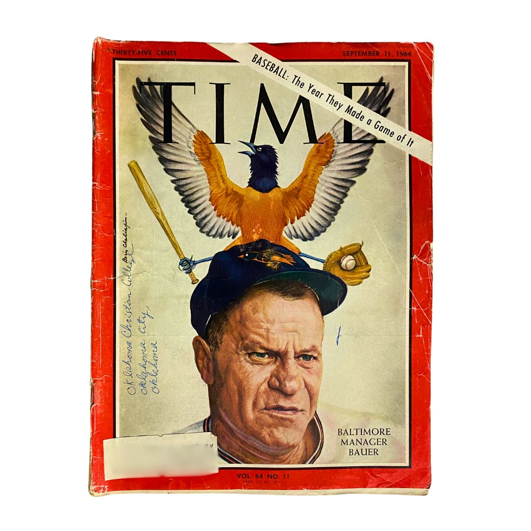 VTG Time Magazine September 11 1964 featuring a cover portrait of Baltimore Manager Bauer with a striking illustration of a bird perched on his head, encapsulating the theme 'Baseball: The Year They Made a Game of It.'