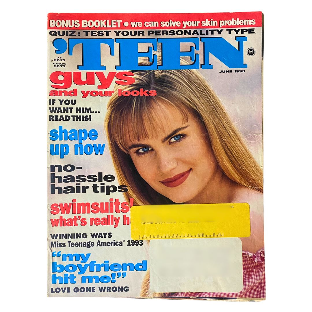 Teen Magazine June 1993 cover featuring model Mary Fitz, showcasing articles on guys and looks, no-hassle hair tips, and swimsuits.