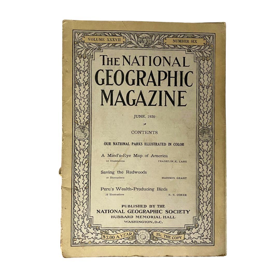 Cover of the June 1920 National Geographic Magazine featuring the Mind's-Eye Map of America, showcasing vintage design and historical content.