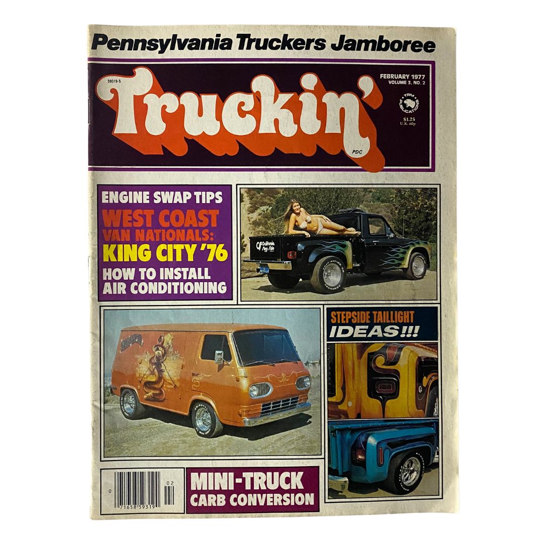 Cover of VTG Truckin' Magazine February 1977 featuring Ed Mancini's "Paranoia" Van and articles on customizing vehicles, showcasing vibrant 1970s van culture.