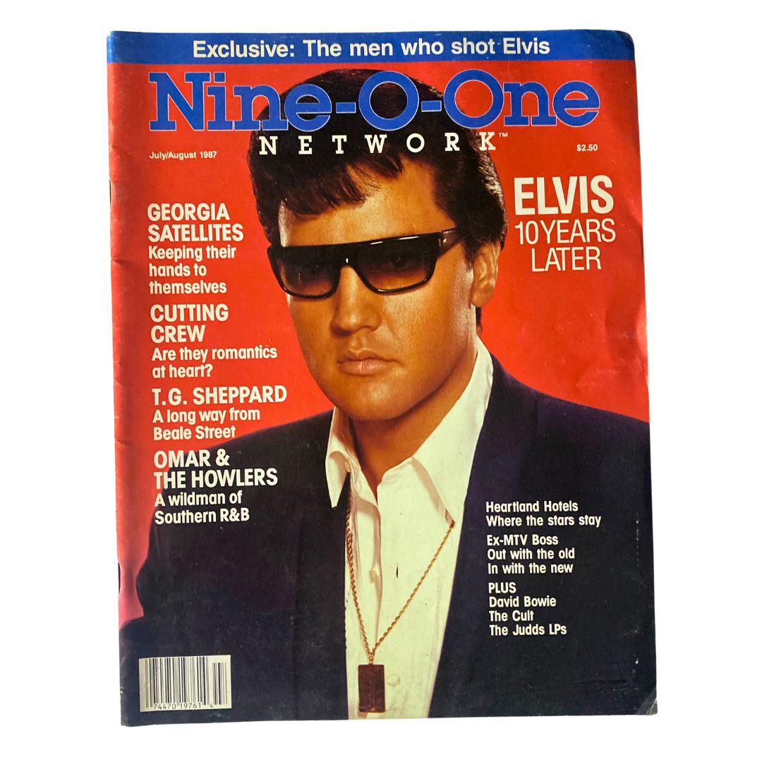 Cover of the Nine-O-One Network Magazine July/August 1987 featuring Elvis Presley, showcasing an exclusive article on Elvis ten years after his passing, with a striking image of him in dark sunglasses.