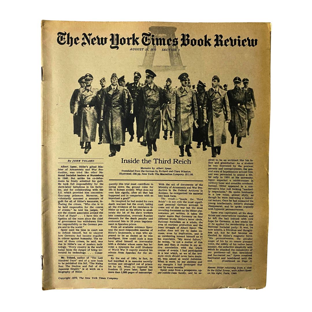 Cover of The New York Times Book Review from August 23, 1970, featuring a review of 'Inside the Third Reich' by Albert Speer, with historical imagery and analysis of World War II.