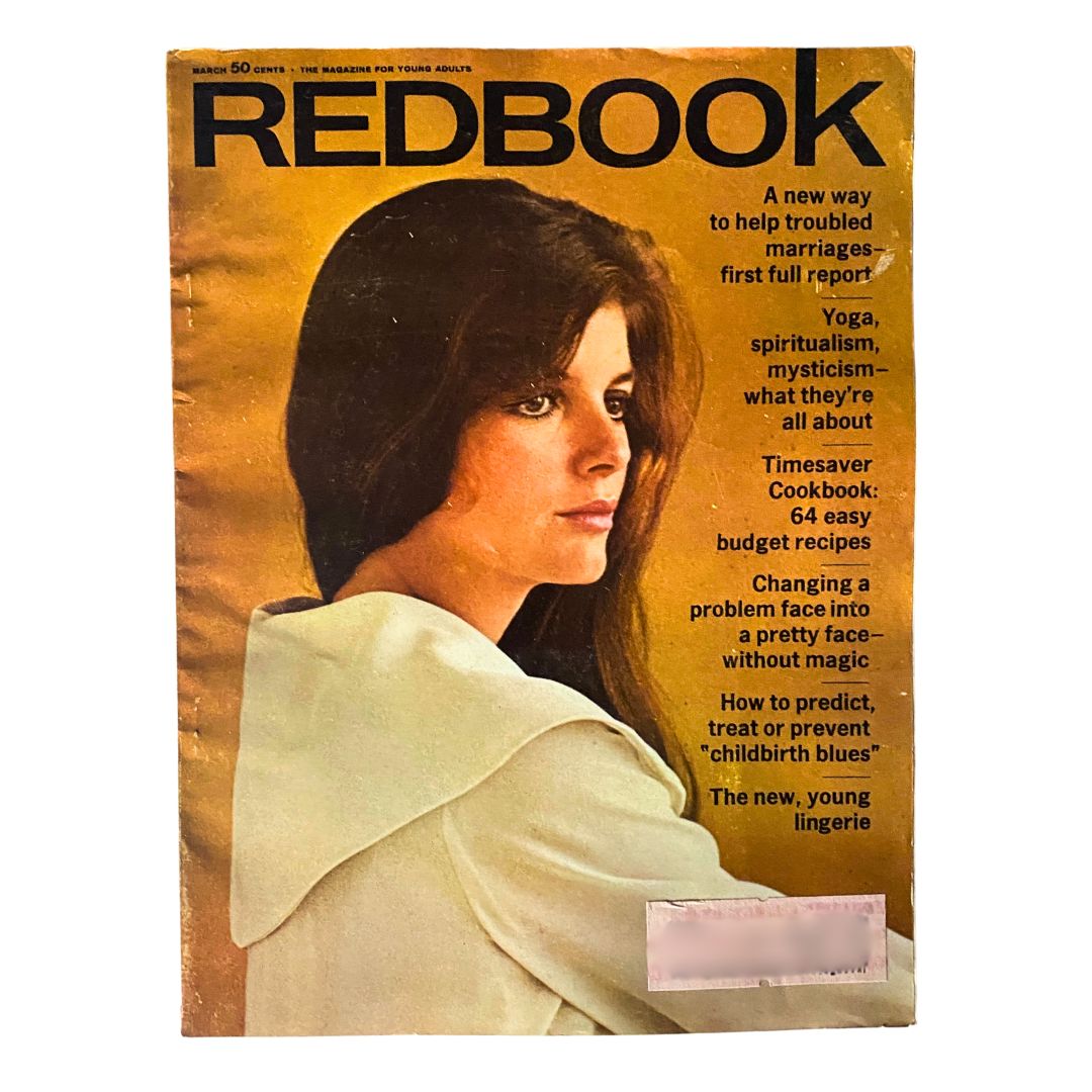 Cover of the VTG Redbook Magazine March 1968 Vol 130 No. 5 featuring a woman with long hair and the title REDBOOK, highlighting budget recipes and Timesaver Cookbook.